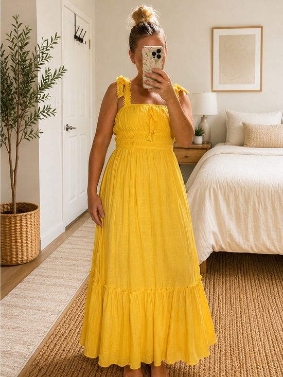 Trixxi Dresses & Skirts - Trixxi Yellow Tie Strap Midi Dress Women’s M Smocked Empire Waist Tassel Boho